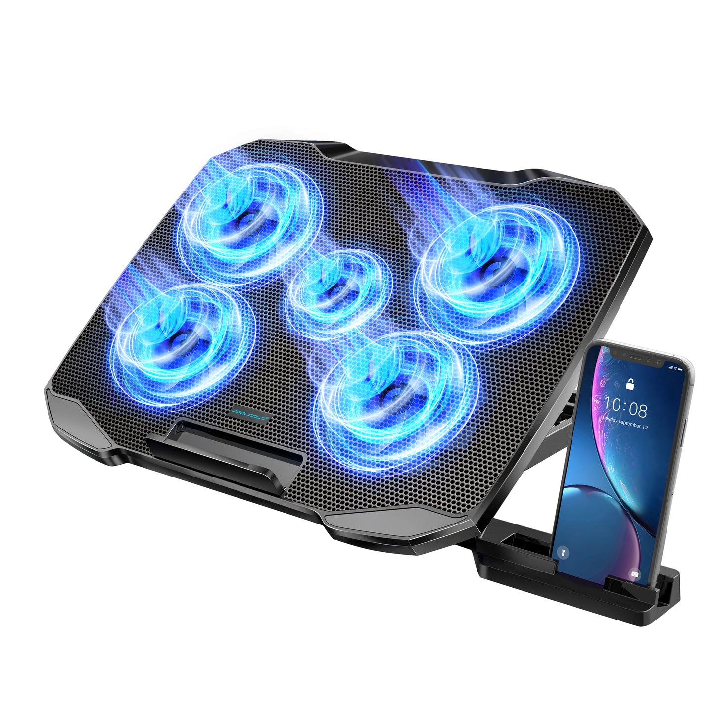 COOLCOOLD Laptop Cooling Pad for 12-17 Inch Laptop Cooler Stand, 5 Quiet Fans, 5 Angle Adjustable with Phone Holder